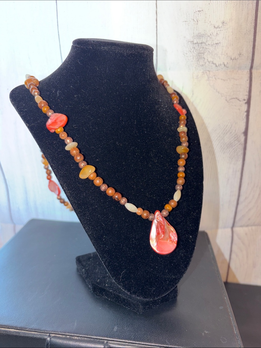 Handmade Brown and Coral Shell Pendant Necklace